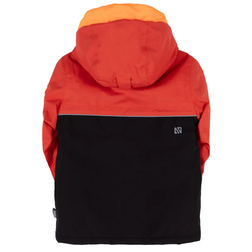 Habit de neige - Nanö orange, noir et détail réflecteur, tissu technique imperméable, pour fille, vue de dos