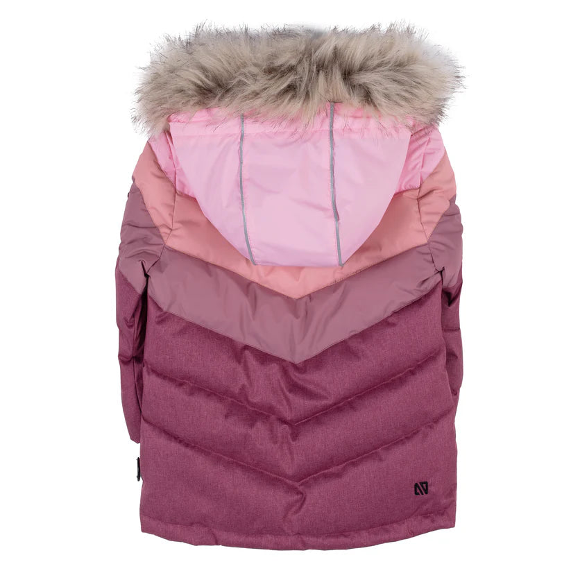 Habit de neige - Nanö fille rose et mauve à capuche avec fausse fourrure, vue de dos, tissu résistant au froid