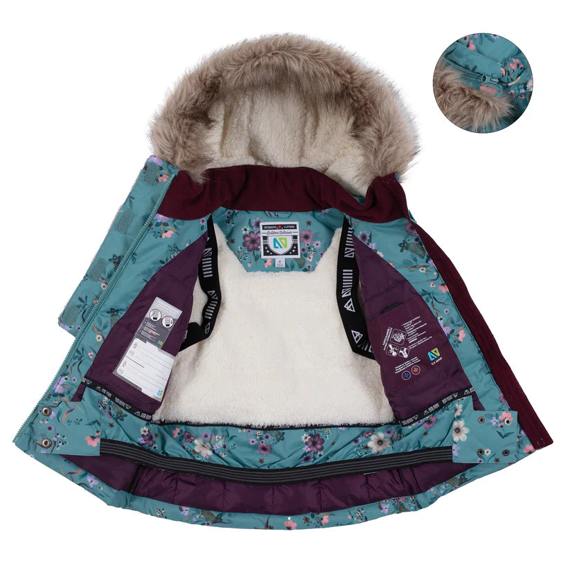 Habit de neige - Nanö turquoise à imprimé floral avec doublure en fausse fourrure beige et capuche, pour fille, vue intérieure ouverte