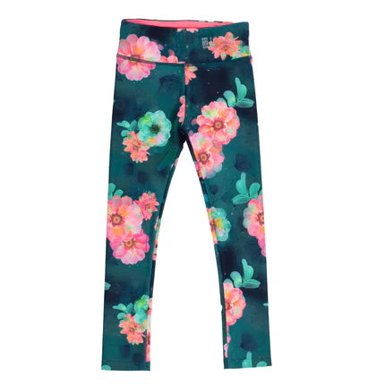 Legging Amuse-toi - Nanö en tricot bleu foncé à motifs floraux roses et verts, pour fille, vue de face.