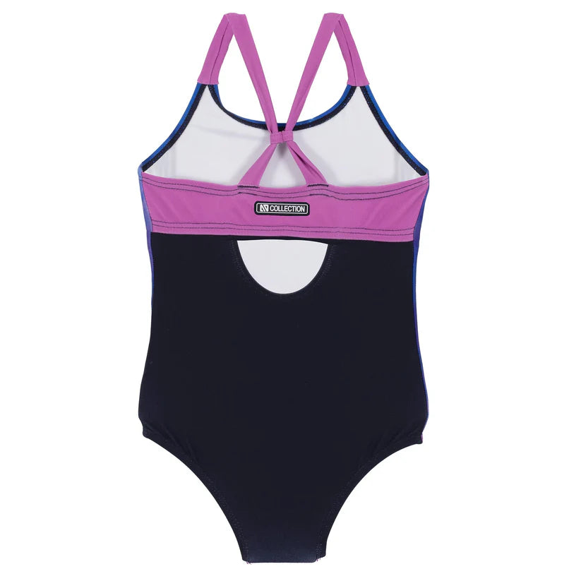 Maillot de bain - Nanö une pièce noire et mauve avec découpe dos et bretelles ajustables, pour fille, vue de dos.