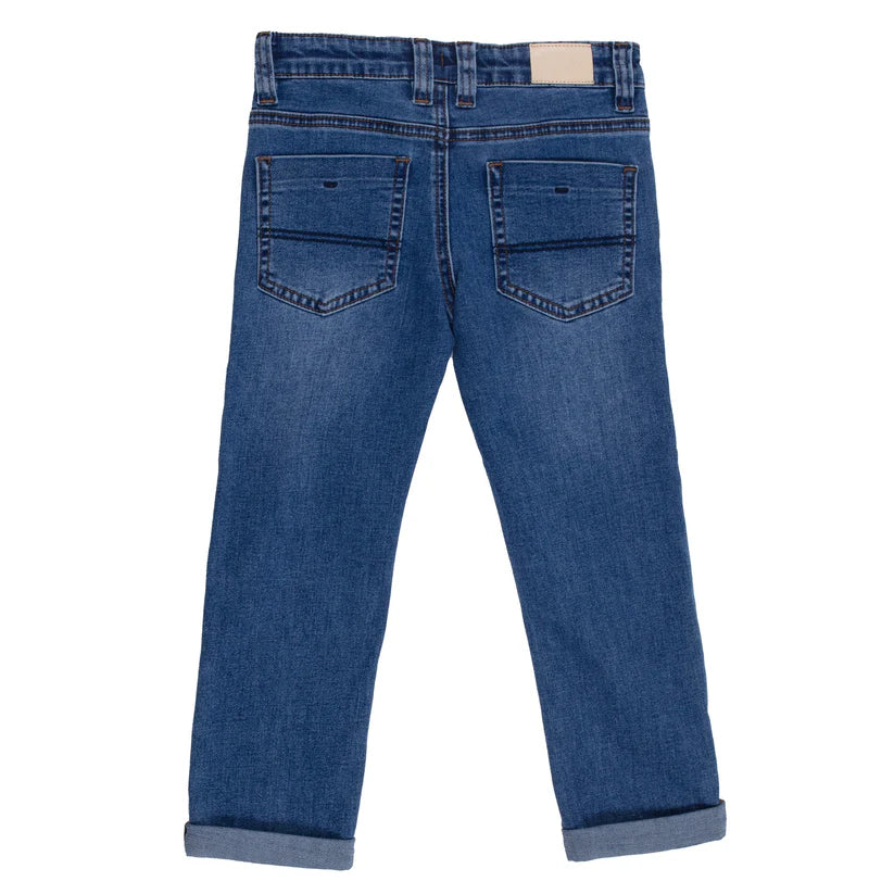 Jeans - Nanö en denim bleu uni, jambe droite, taille ajustable, modèle cinq poches, pour garçon, vue de dos.