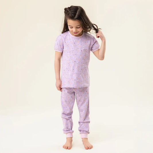 Pyjama - Nanö deux-pièces en jersey modal violet clair à motifs orange, manches courtes, pour fille, vue de face.