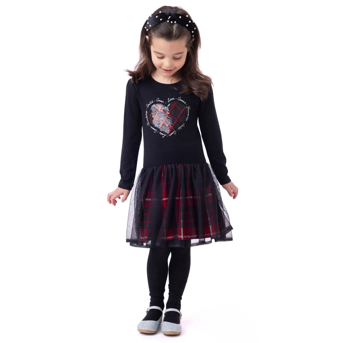 Robe - Nanö noire avec motif cœur à carreaux rouges, tulle superposé, manches longues, pour fille, vue de face portée