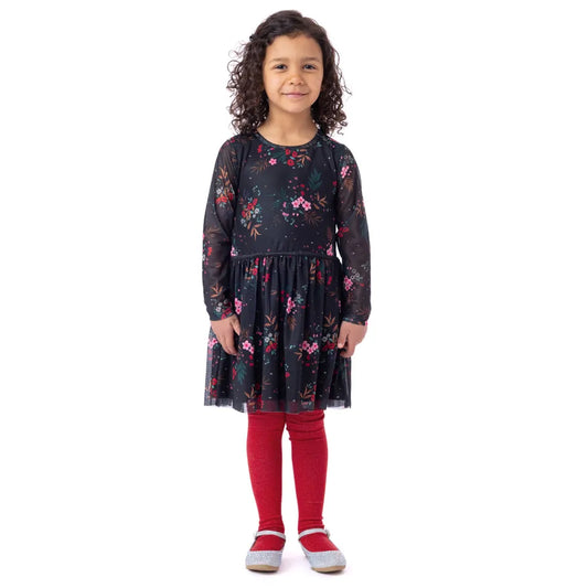 Robe - Nanö noire à manches longues en tulle fleuri rose et rouge, pour fille, vue de face portée sur mannequin.