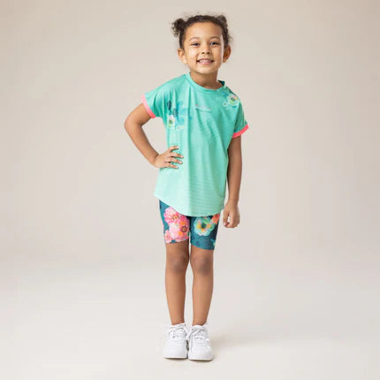 Short Amuse-toi - Nanö cycliste bleu marine à motifs floraux roses et jaunes, pour fille, porté face, tricot double uni