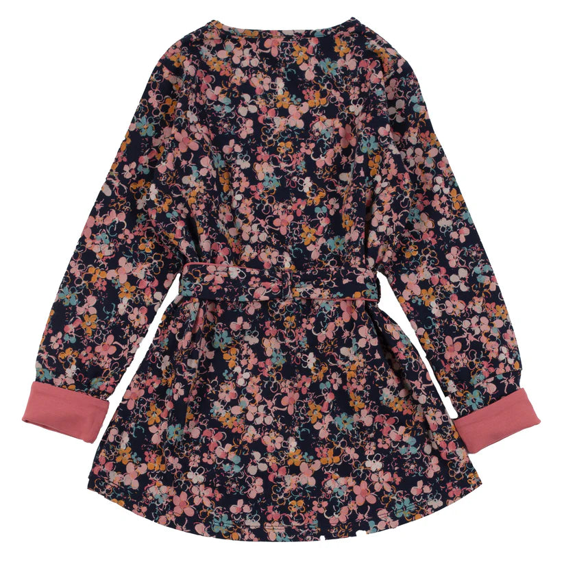Tunique - Nanö en jersey imprimé fleurs multicolores sur fond marine, manches longues avec poignets roses, vue de dos, fille