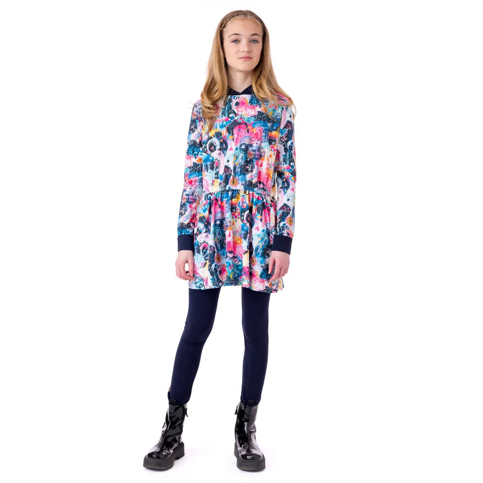 Tunique à capuchon - Nanö multicolore avec imprimé abstrait, manches longues, pour fille, portée face, tissu coton stretch