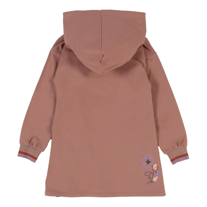 Tunique - Nanö en coton marron avec capuche et manches longues, rayures aux poignets, imprimé floral bas dos, pour fille, vue de dos