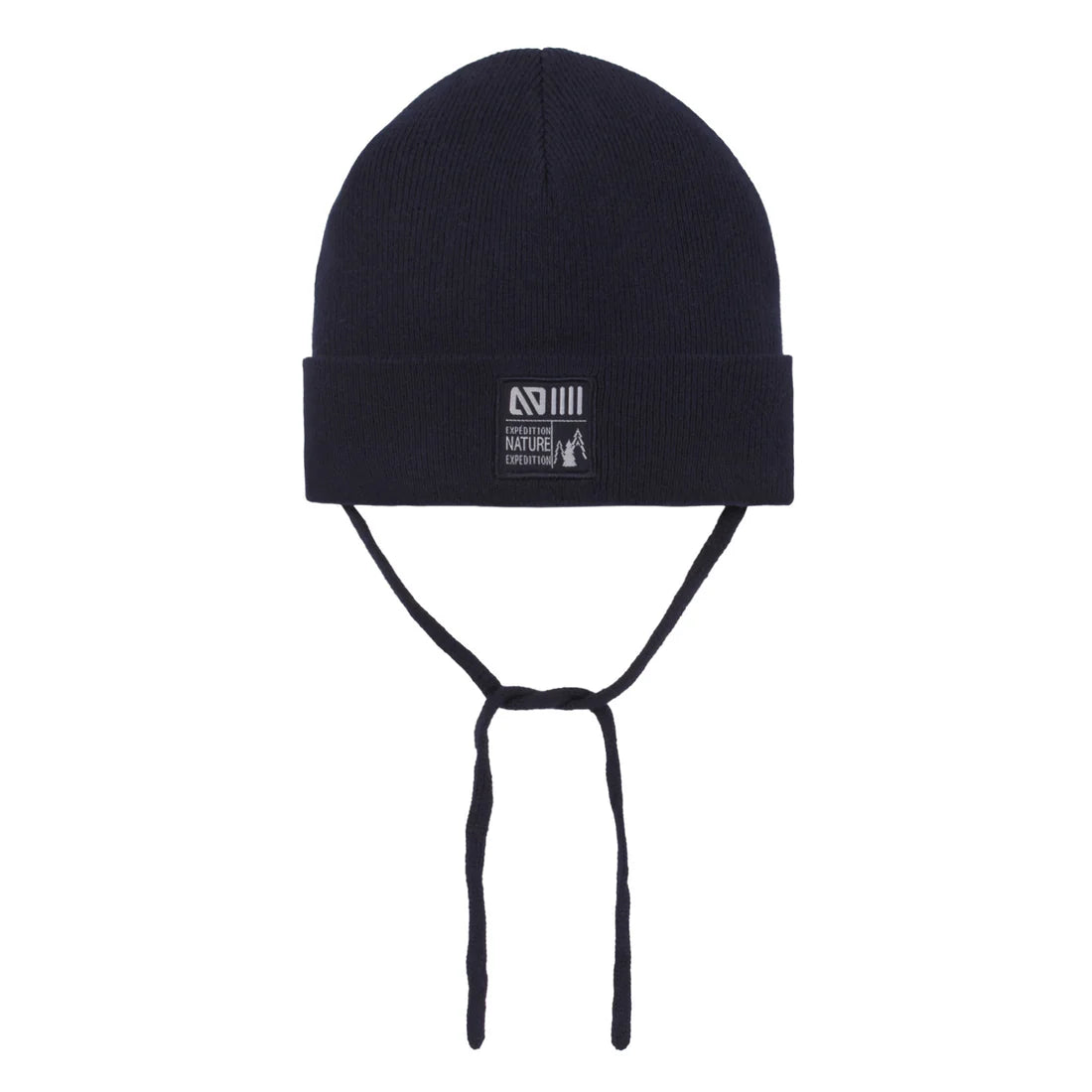 Tuque Mi-Saison - Nanö en coton bleu marine avec cordons à nouer, logo discret, pour enfant, vue de face.