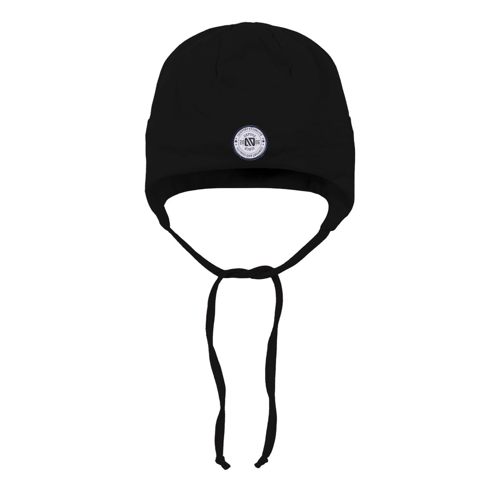 Tuque Mi-Saison - Nanö noire en jersey doux avec doublure et protège-oreilles, vue de face avec cordons à nouer pour enfant.