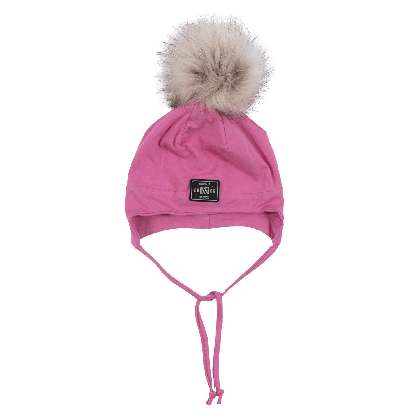 Tuque en jersey avec oreilles doublée en polar - Nanö rose avec pompon fausse fourrure beige, fille, vue de face