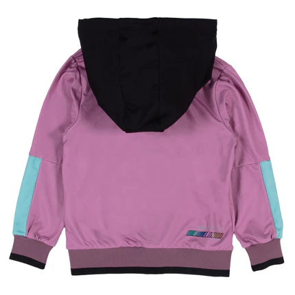 Veste Active-toi - Nanö en coton polyester mauve, manches longues bleu clair, capuchon noir, pour fille, vue de dos.