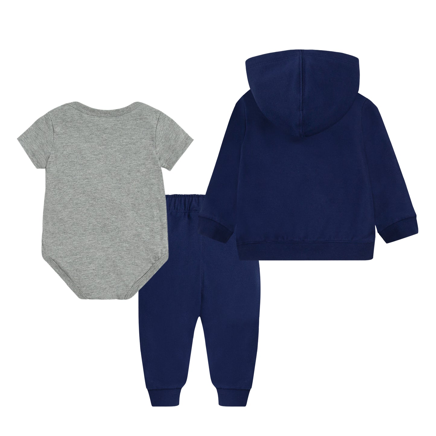 Ensemble 3 mcx - Nike composé d'un body gris en coton, pantalon et veste à capuche bleu marine, pour garçon, vue de dos.