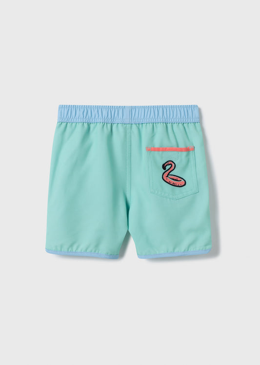 Maillot de bain - Northcoast bleu turquoise avec ceinture bleu clair et poche arrière décor flamant, garçon, vue de dos.