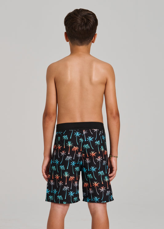Maillot de bain - Northcoast short de bain noir avec motifs palmiers multicolores, culotte filet, pour garçon, vue de dos