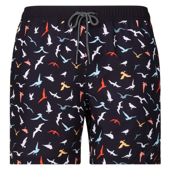 Maillot de bain - Northcoast short de bain noir avec imprimé oiseaux multicolores, taille ajustable, vue de face.