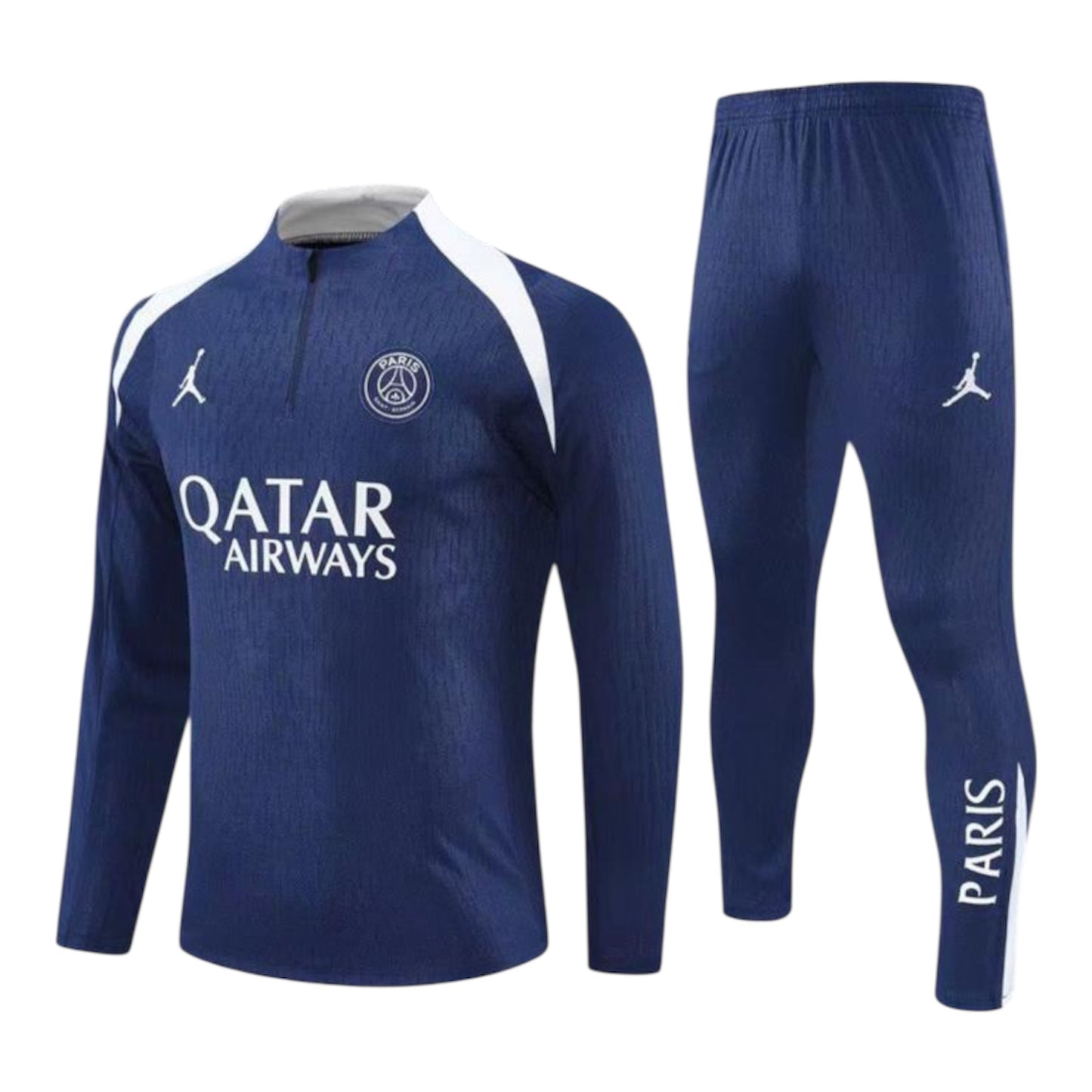 Ensemble de soccer - O.Dembélé bleu marine avec détails blancs en polyester, haut manches longues et pantalon ajustable, vue de face.