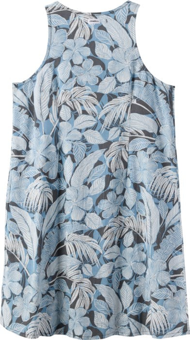 Robe - O'Neill à imprimé floral bleu et beige sur fond gris, tissée en viscose, pour fille, vue de dos.