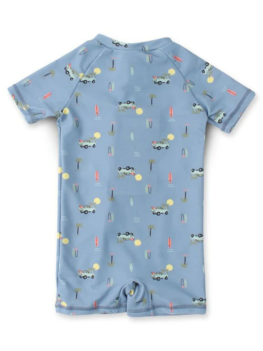 Maillot de bain - Northcoast bleu ciel à manches courtes avec motifs voitures et planches de surf, pour bébé garçon, vue de dos.