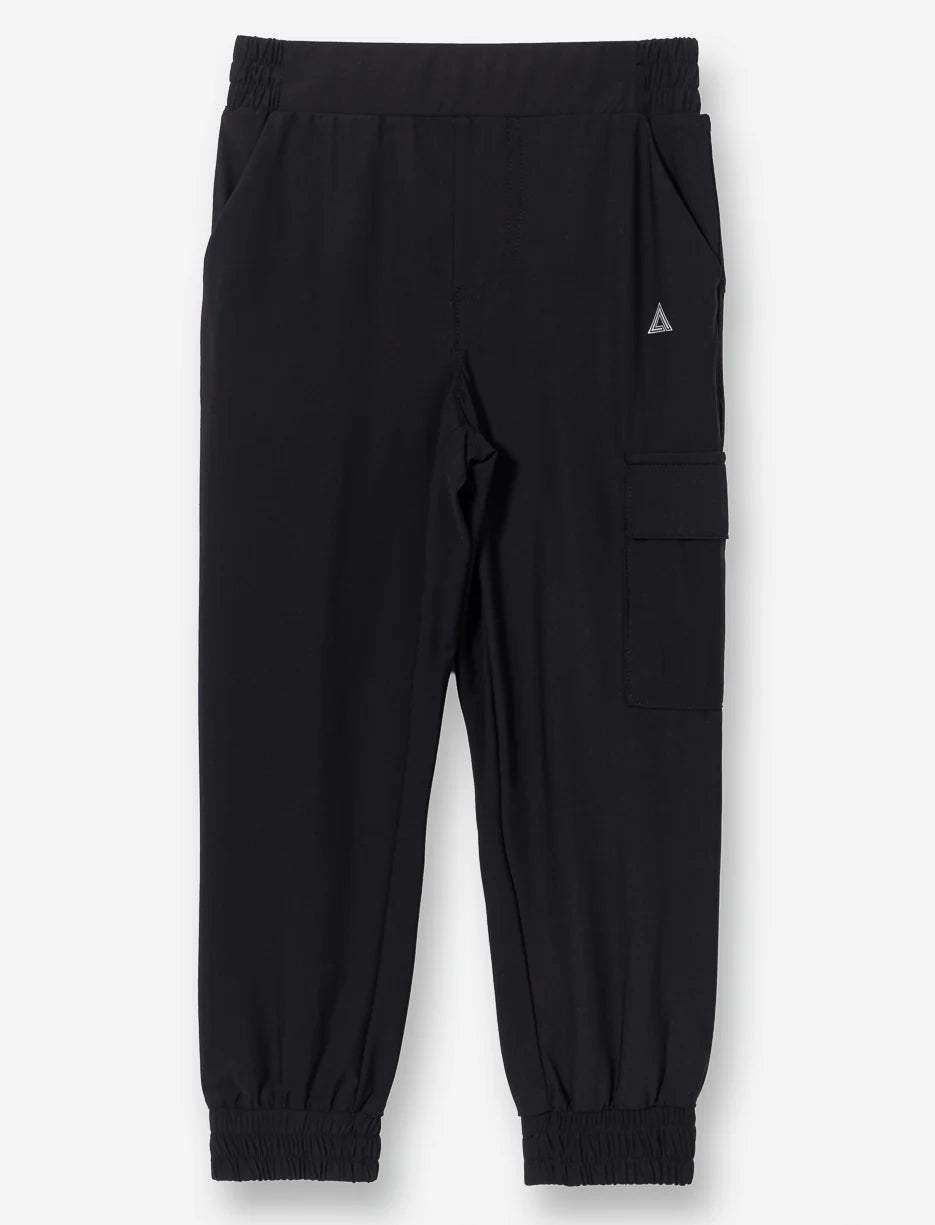Pantalon - M.I.D noir en nylon et élasthane, style cargo avec poches, pour enfant, vue de face et dos sur fond blanc