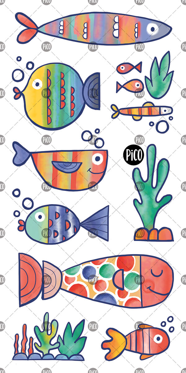 Tatouages temporaires "Pico Tatoo - Les poissons multicolores" avec poissons stylisés aux couleurs vives, vue de face, enfant.