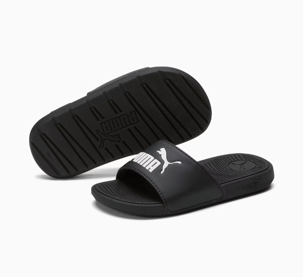 Sandales - Cool Cat 2.0 Puma noires avec logo blanc, style gougounnes, semelle antidérapante, pour enfant, vue de profil et dessous.