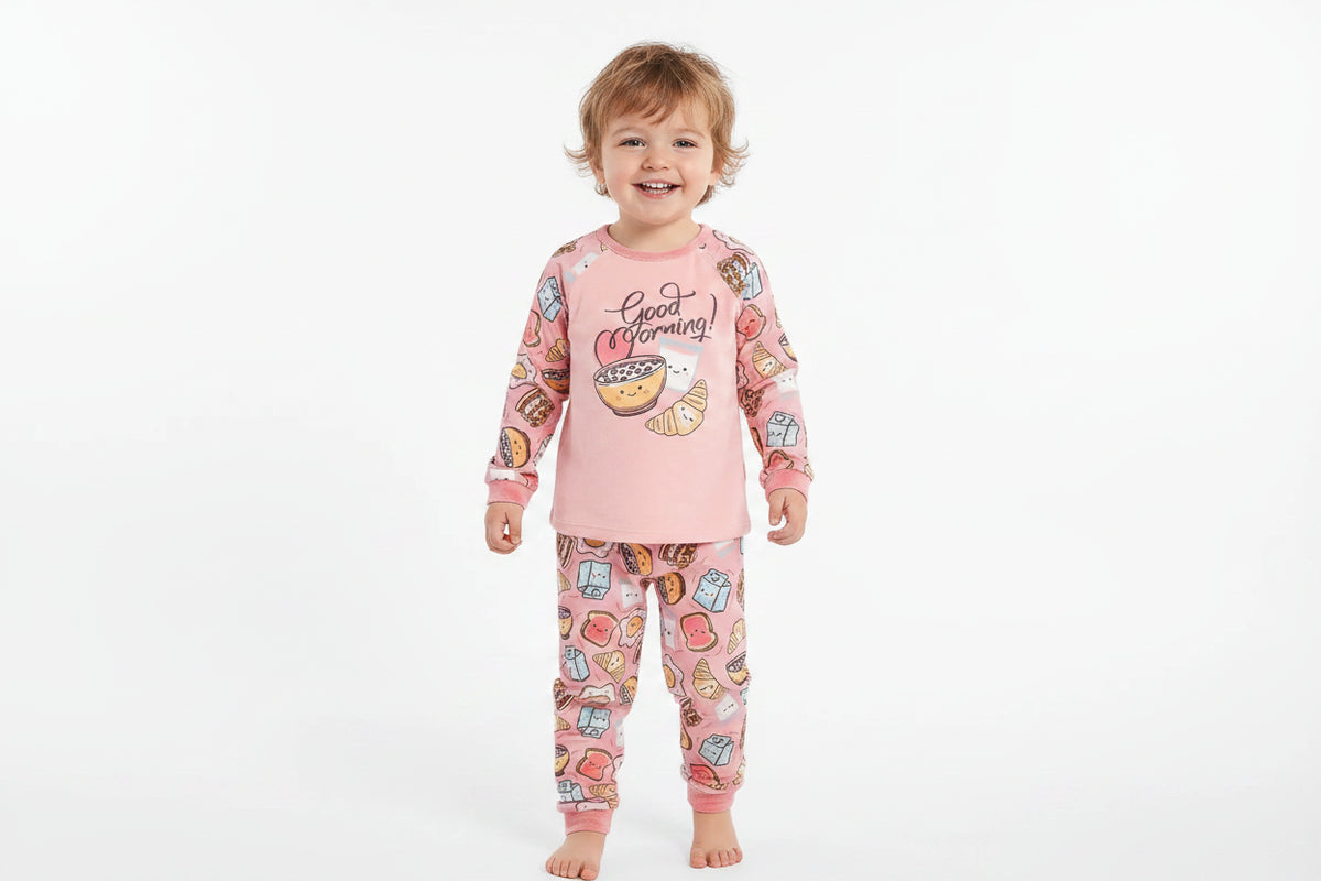 Pyjama - M.I.D rose à manches longues avec motifs fantaisie pour fille enfant porté de face