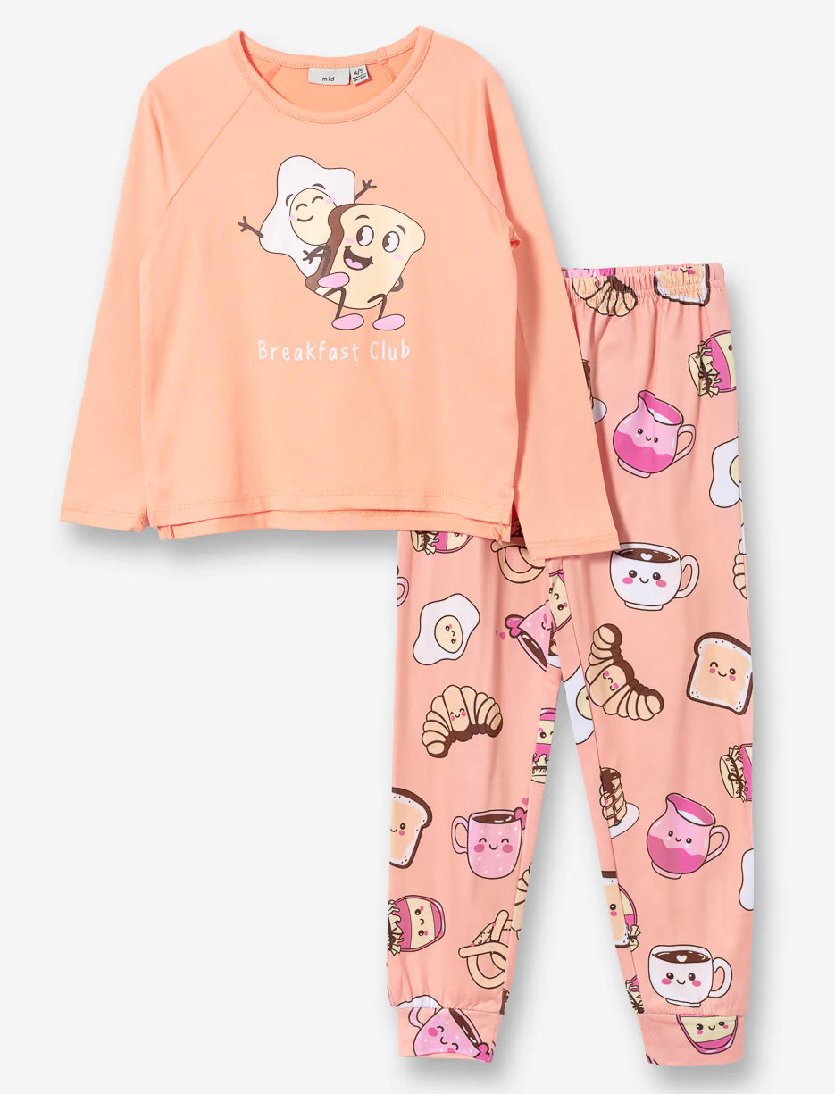 Pyjama - M.I.D saumon à motif petit déjeuner coloré pour enfant, 95% polyester 5% élasthane, vue de face porté sur mannequin
