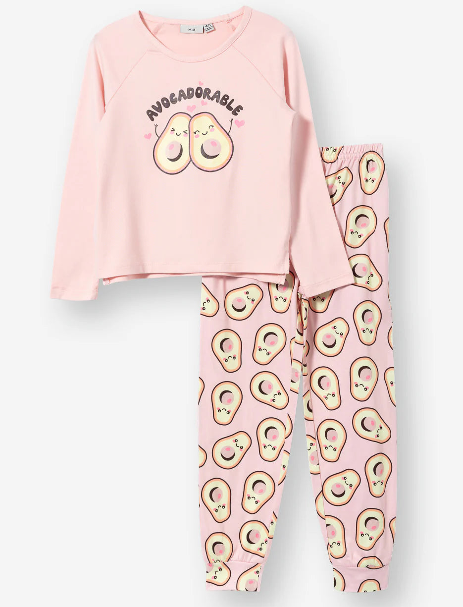 Pyjama - M.I.D rose avec motifs avocats jaunes et verts, manches longues, pantalon assorti, pour enfant, vue de face.
