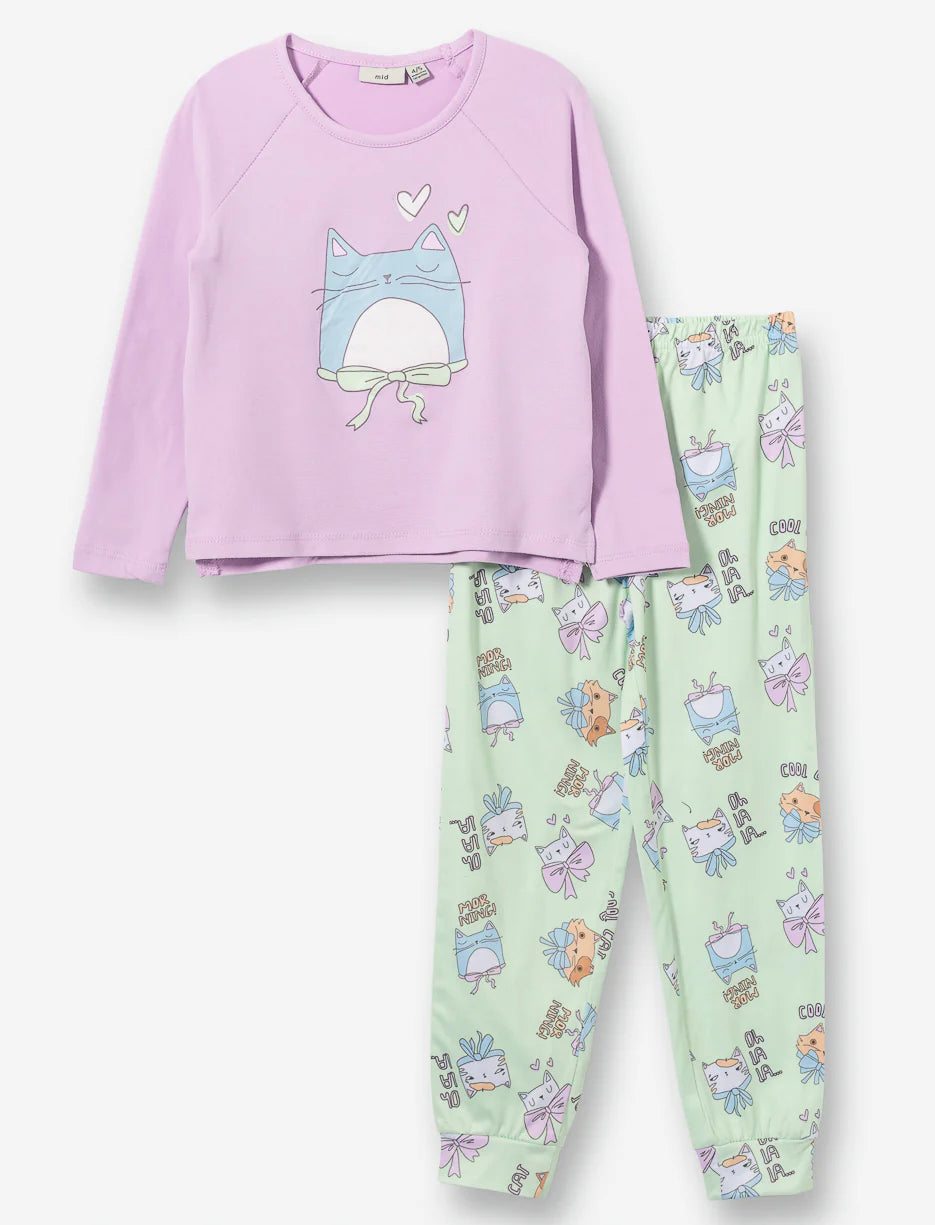Pyjama - M.I.D violet avec motif chat blanc et vert, pantalon vert clair à motifs, pour enfant, vue de face.