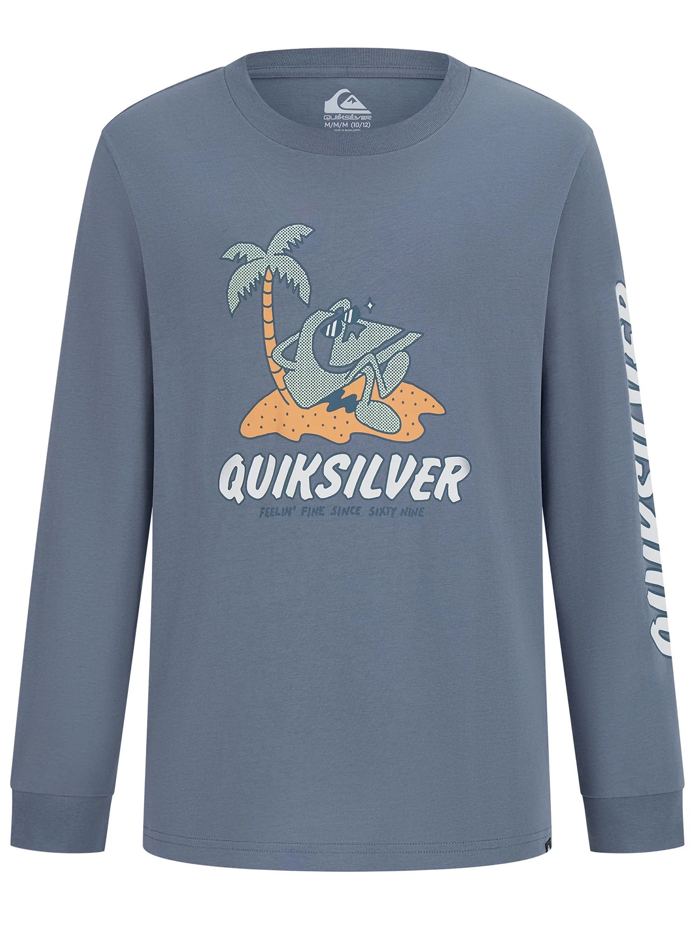 Chandail - Quiksilver bleu gris manches longues avec imprimé palmier et texte, jersey coton-polyester, garçon, vue de face.