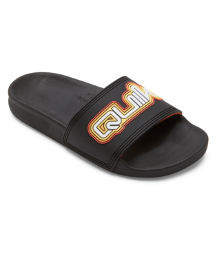 Sandales - Rivi Woodmark noire unisexe avec bande ajustable noire et logo coloré, vue en angle sur fond blanc.