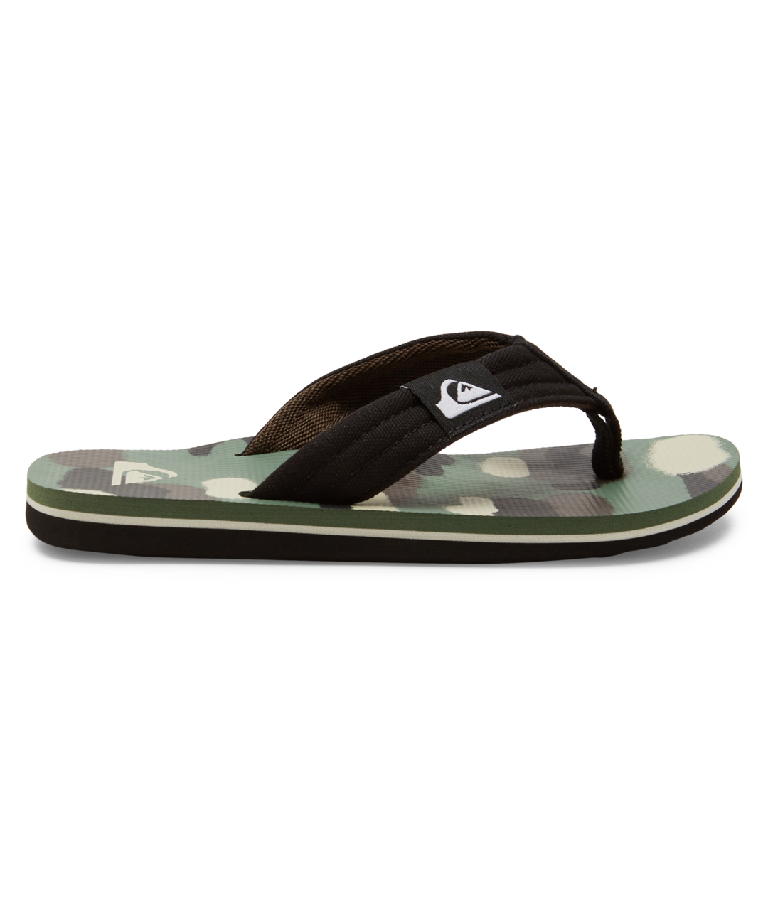 Sandales Molokai Layback II - Quiksilver à semelle camouflage verte et sangle noire, style tong, vue de profil gauche.