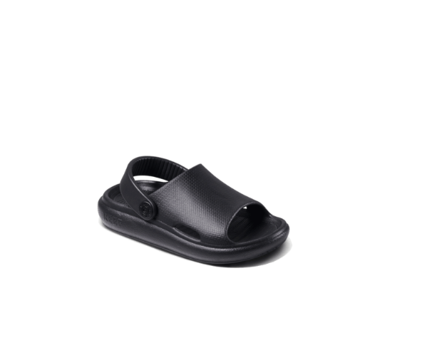 Sandales - Reef noires en matière synthétique, style minimaliste, vue en trois quarts, modèle enfant.