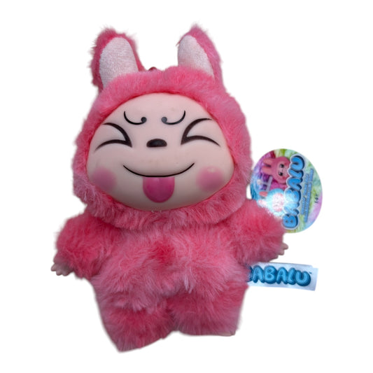 Babalu Tie Dye - Ricochet peluche rose en tissu pelucheux avec visage plastique rigide et yeux vitreux, vue de face.