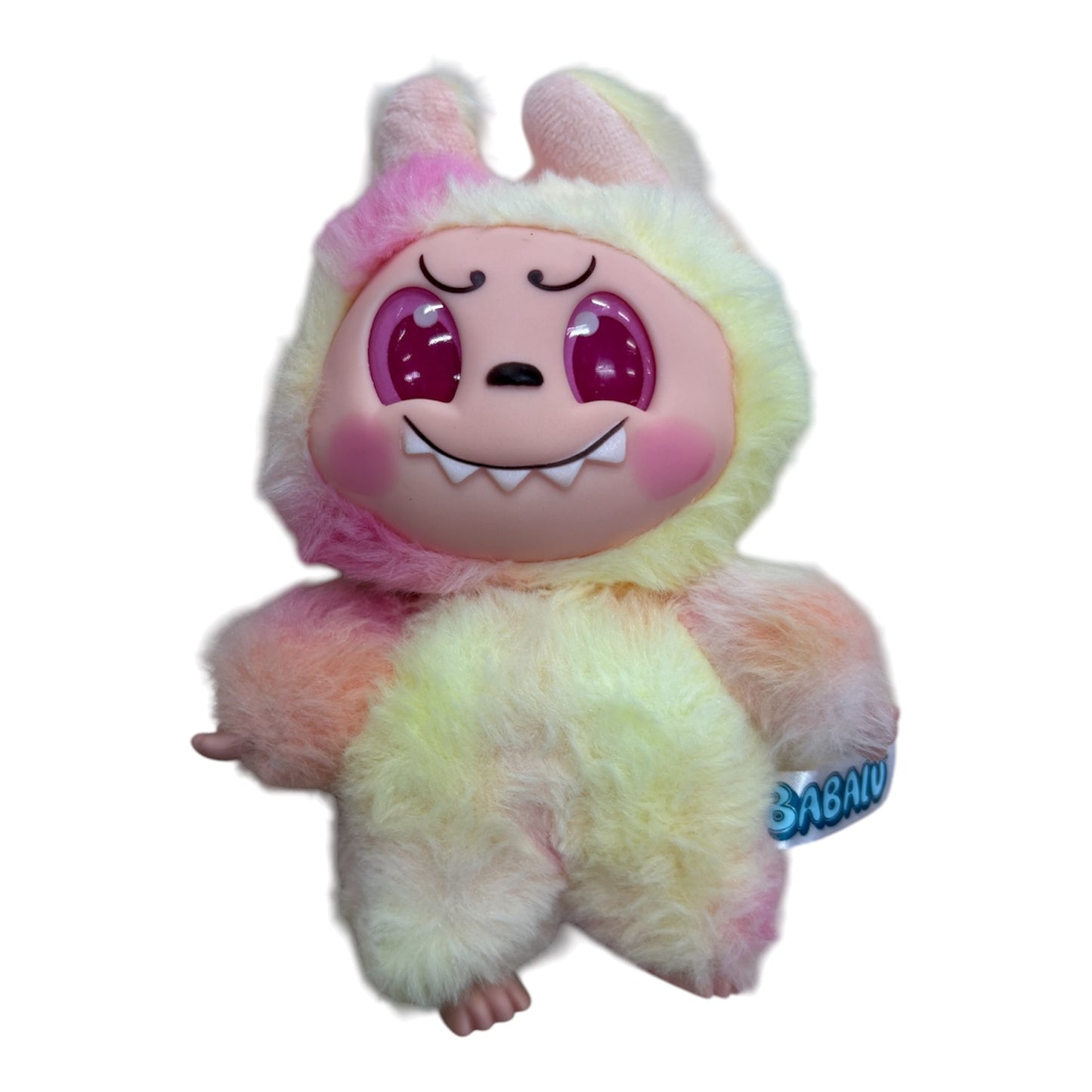 Peluche Babalu Tie Dye - Ricochet multicolore en tissu pelucheux doux, visage rigide, yeux brillants, vue de face.