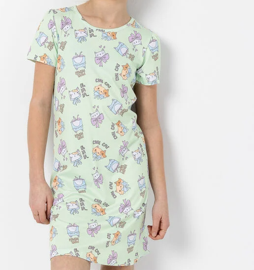 Robe de nuit - M.I.D verte à motifs colorés pour enfant, manches courtes, vue de face, tissu polyester et élasthanne