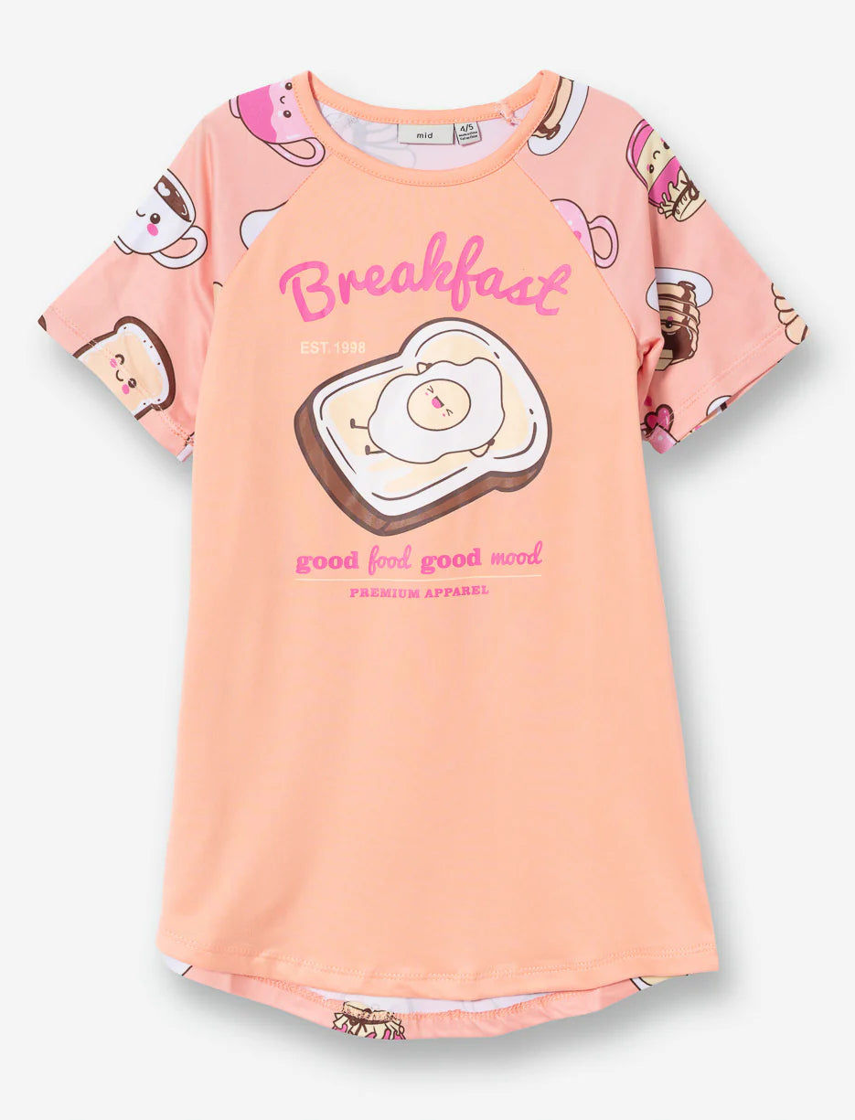 Robe de nuit - M.I.D rose pêche avec motifs petit-déjeuner, manches courtes imprimées, vue de face portrait 935x1225