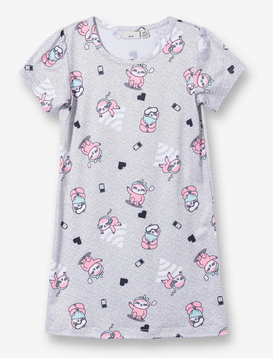 Robe de nuit - M.I.D grise en polyester avec imprimés roses et blancs, manches courtes, vue de face sur fond blanc.