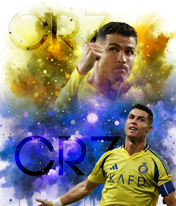 Couverture - Ronaldo avec motifs jaunes et bleus, portrait joueur en action, style artistique coloré, vue de face.