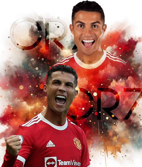Cristiano Ronaldo célèbre dans un maillot de Manchester United avec des éclaboussures rouges, orange et noires vibrantes et le texte CR7 sur le RONALDO Couverture/Jeté - Ronaldo (125 x 165 cm), parfait pour les fans.