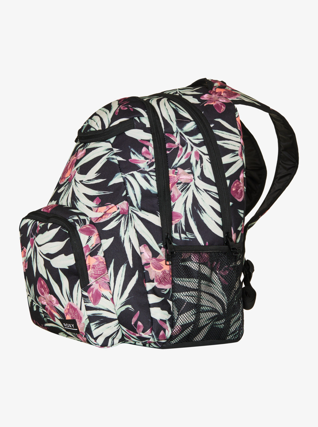 Sac à dos Shadow Swell Printed - Roxy noir avec motifs floraux roses et verts, tissu imprimé, pour enfant, vue de profil gauche.