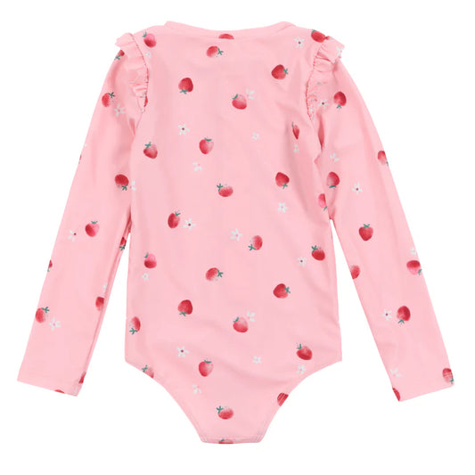 Maillot de bain - Nanö une pièce rose à manches longues avec imprimé fraises et volants épaules, bébé fille, vue de dos