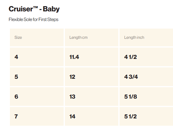 Tableau des tailles Chaussures - Stonz Cruiser Baby avec longueurs en cm et pouces, présentation claire pour bébé, vue en détail.