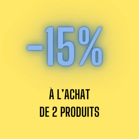 Texte bleu "-15%" sur fond jaune pour promotion à l'achat de 2 produits Écran solaire hydratant avec FPS 30 - Sun Bum.