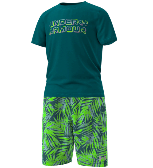 Ensemble maillot de bain - Under Armour avec t-shirt bleu canard et short vert à motifs feuilles, pour garçon, vue de face