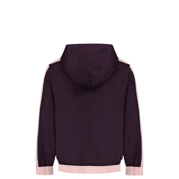 Manteau Mi-Saison - Under Armour violet foncé avec détails roses, capuche, manches longues, vue de dos sur fond blanc.