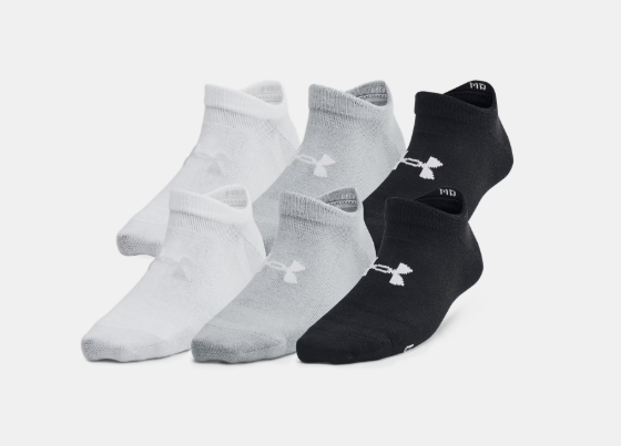 6 Paires de bas - Under Armour en polyester, tons blanc, gris et noir, basses, vue de profil et de face