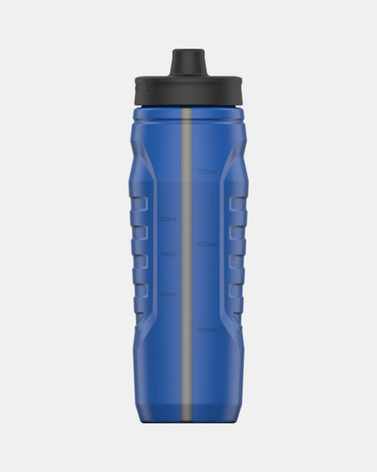 Bouteille - Under Armour bleue avec couvercle noir à ouverture rapide, en plastique, vue de face.